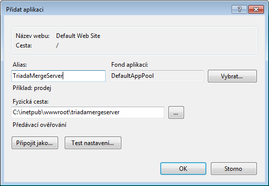 Obr. 14 Přidání aplikace do webového serveru IIS 2. V kontextovém menu položky Default Web Service vybereme položku Přidat aplikaci Obr. 15 Dialog Přidat aplikaci 3.