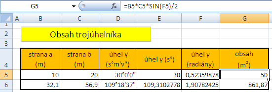 Obsah trojúhelníka Použijeme vzorce 1 S = ab sin γ 2, kde a, bjsou velikosti stran trojúhelníka a γ velikost