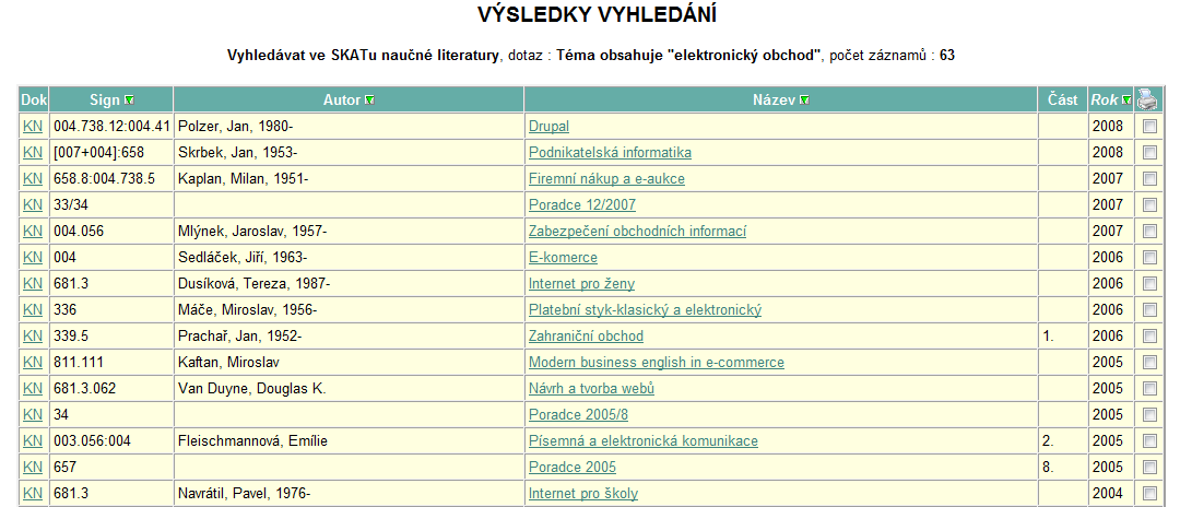 Obrázek 1: Katalog SKAT Zdroj: vlastní Obrázek 2:Výsledky vyhledávání " elektronický obchod" Zdroj: vlastní Při vyhledávání informačních zdrojů pro tuto bakalářskou