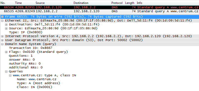 Obrázek 23 Výstup z Wiresharku Příčina: Jedním možným problémem může být chyba v DNS záznamu. Výstup z Wiresharku to potvrzuje.