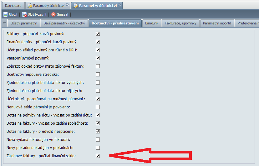 Zálohové faktury Sledování zálohových faktur do parametrů účetnictví byl přidán přepínač, který umožňuje přepnout zpět úpravu sledování záloh, která byla implementována v předchozí verzi.