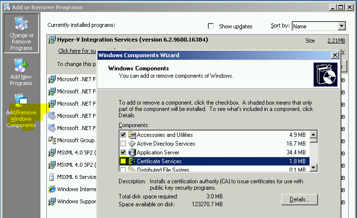 ODINSTALACE ROLE Windows Server 2003 nemá instalaci / odinstalaci CA ve správci serveru Roli CA