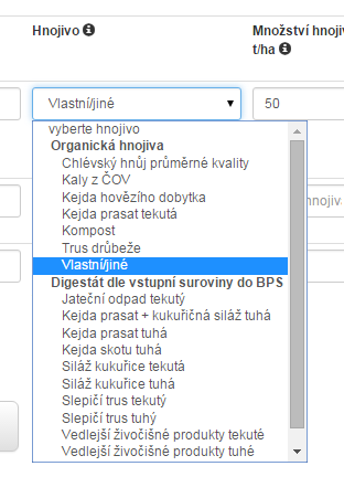 Obr. 10: Výběr pěstované plodiny C) výpočet bilance Obr. 11: Výběr hnojiva Je-li tabulka vyplněna, klikne se na zelené tlačítko pod tabulkou Přepočti bilanci, čímž bude výpočet proveden.