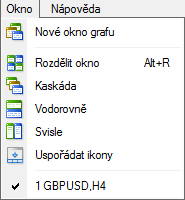 Okno 1. Nové okno grafu - Jedna z možností jak otevřít graf instrumentu. 2. Rozdělit okno - Rozdělí zobrazené grafy do pravidelného uspořádání. Vhodné v případě velkého množství otevřených grafů. 3.