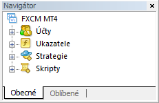 18. Okno navigátor Navigátor nám kromě vybraného účtu, dává možnost jednoduchým přetažením vkládat technické ukazatele do grafů, mimo jiné stejným přetažením lze vkládat obchodní strategie. 1.