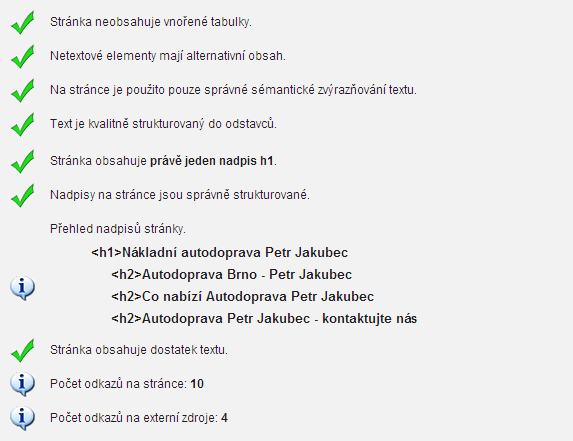 Obrázek č. 16: Analýza obsahu stránky (Zdroj: [25]) Pomocí služby www.seo-servis.cz jsem provedl analýzu zdrojového kódu stránky a zaměřil se na obsahovou část.