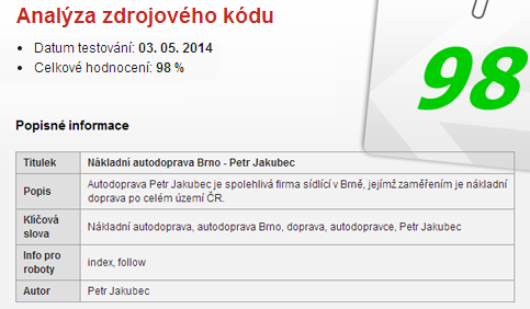 nebo nikoliv. Analýzu jsem opět provedl pomocí služby www.seo-servis.cz a výsledky je možné vidět níže na obrázku č. 17. Obrázek č.