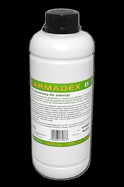 Vitamínový koncentrát pro zvířata FARMADEX B Forte 1 litr obsahuje: Vitamín A 80 000 000 IU Vitamín D3 800 000 IU Vitamín E 80 000 mg Vitamín B1 5 200 mg Vitamín B2 5 200 mg Vitamín B5 10 000 mg