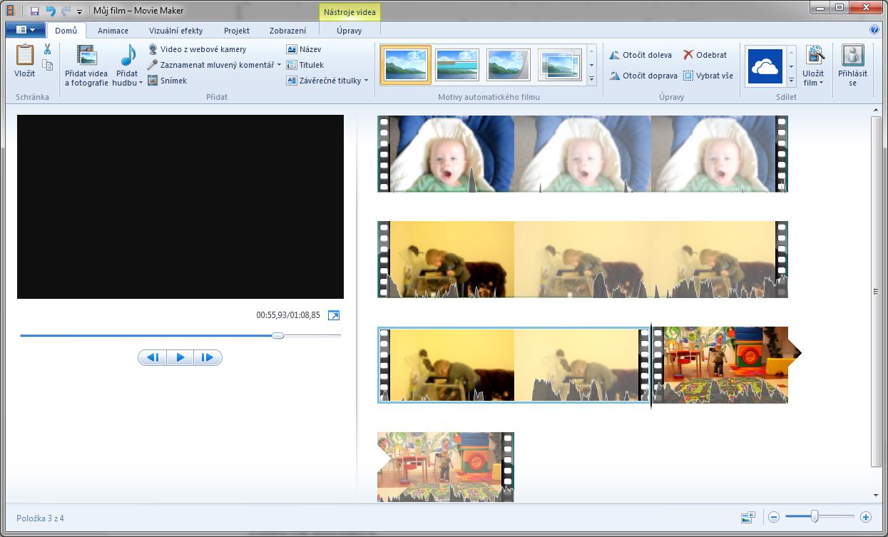 Záznam a střih digitálního videa Obrázek 3.2: Windows Live Movie Maker 3.2.1 Nastavení projektu Ještě než začneme na časovou osu vkládat jednotlivé objekty, je nutné nastavit projekt.