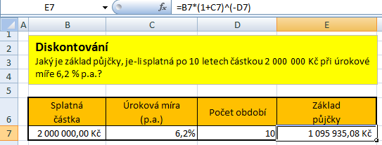 Diskontování (3) Diskontovat za celá úrokovací období můžeme podle vzorce P = S(1+ i) t, kde