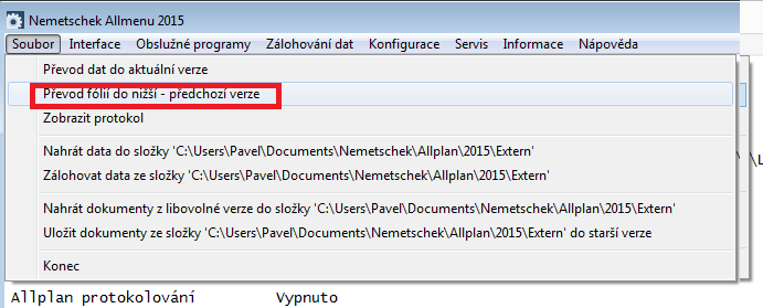 30 Vizualizace Allplan 2015 Vizualizace Převod nových povrchů do předchozích verzí Allmenu, převod fólií do nižší - předchozí verze Pomocí volby Převod fólií do nižší - předchozí verze z Allmenu,