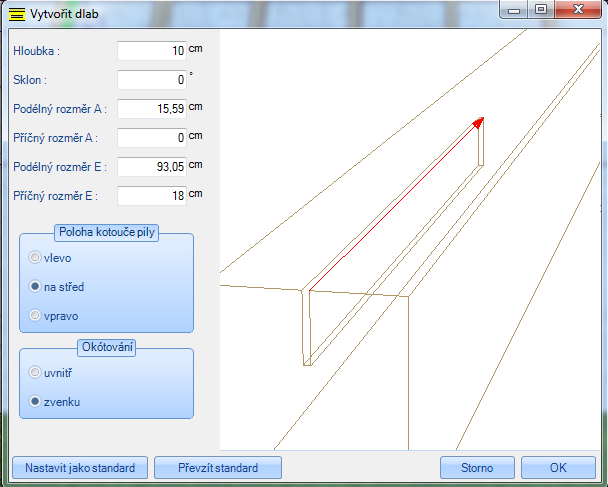 Dlab Pomocí tohoto opracování máte možnost vytvářet dlaby pro stroje na krovy. Po výběru stavebního dílce, počátečního a koncového bodu se otevře dialog pro zadání veškerých parametrů pro drážku.