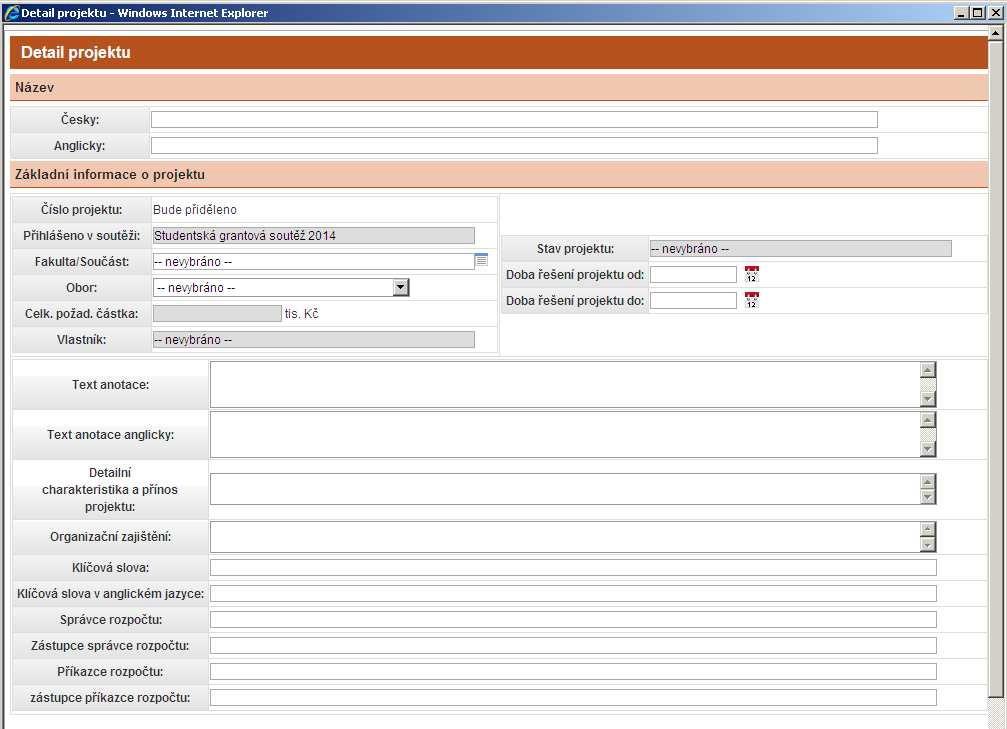 Poté se zobrazí okno - Detail projektu.