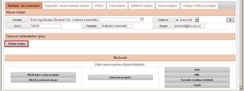 Záložka ŘEŠITELÉ V této záložce jsou uvedeni členové řešitelského týmu a řešitel projektu.