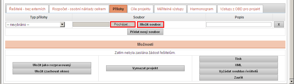 Záložka PŘÍLOHY Tato záložka je nepovinná. Zde pomocí tlačítka Přidat nový soubor nahrajete přílohu, kterou chcete k návrhu projektu přidat.