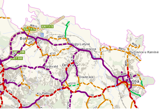 silnice III/4753 s intenzitou 4,3 tis. vozidel/den. Městem Petřvald pak prochází silnice I. tř. I/59 s průměrnou roční intenzitou dopravy okolo 13 tis. vozidel/den. Přibývá hlukem zasažených lokalit, počet stížností na dopravní hluk narůstá, přičemž řešení je velmi zdlouhavé a nákladné.