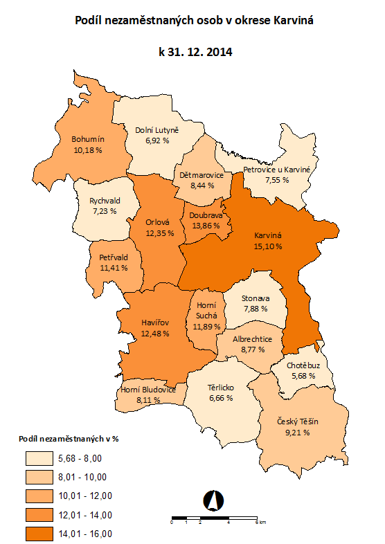 Obrázek 26: Podíl nezaměstnaných osob v okresu Karviná Zdroj: ÚP Bohumín V roce 2014 z iniciativy Bohumína, Karviné a Havířova vznikl záměr zaměstnávat zvýšený počet sociálně slabých občanů žijících