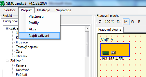 Naskenování dostupných zařízení 1. Spusťte aplikaci Simuland (ke stažení na www.metel.eu), v záložce Projekt vyberte volbu Najdi zařízení. 2.