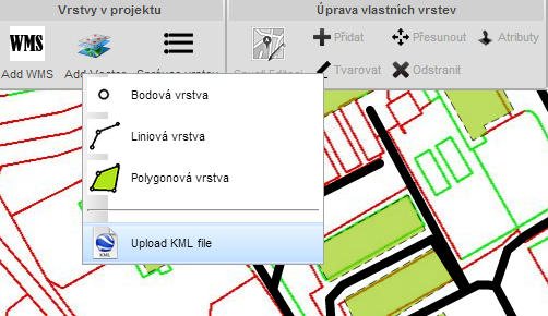 5 VLASTNÍ PRÁCE 41 Obrázek 19: Nástroj pro přidání nové WMS Obrázek 20: Nástroj pro přidání vektorové vrstvy 5.3.8 Editor objektů vrstev Pro úpravu vektorových vrstev byl vytvořen vlastní editor.