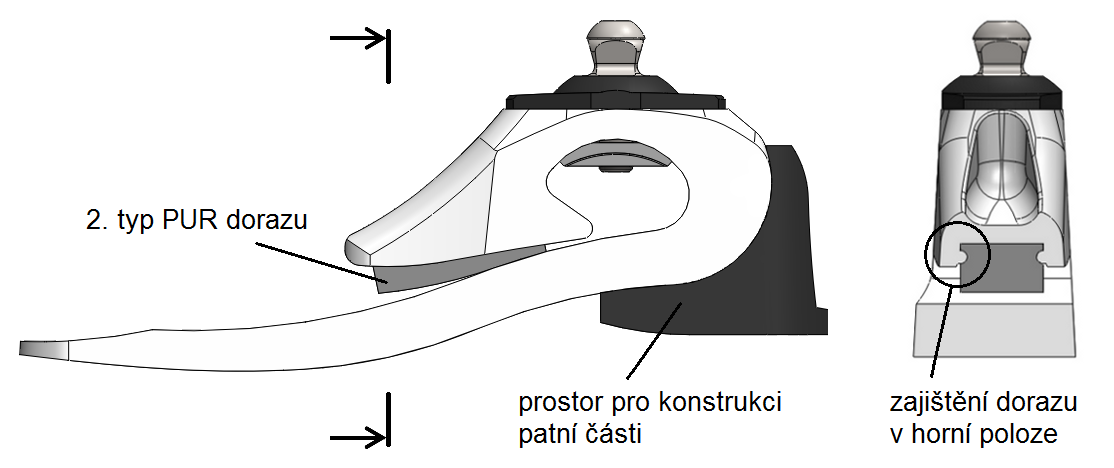 VARIANTY KONSTRUKČNÍHO ŘEŠENÍ Obr. 3-9 Zajištění PUR dorazu Nastavení tuhosti paty lze realizovat vyměnitelností celé patní části.