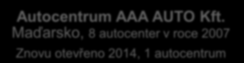 Struktura společnosti AAA AUTO v roce 2014 AAA Auto Group N.V. Nizozemí AAA AUTO a.s. Česká republika 22 let na trhu, 20 autocenter Autocentrum AAA AUTO a.s. Slovenská republika 10 let na trhu, 12 autocenter AAA AUTO LLC Ruská federace 3 roky na trhu, 1 autocentrum Autocentrum AAA AUTO Kft.