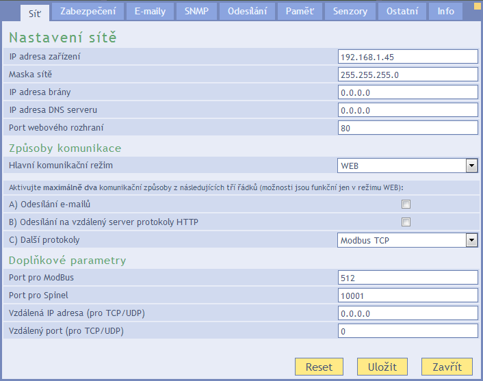 S í ť Nastavení síťových parametrů senzoru a komunikace TCP datovým kanálem. IP adresa zařízení obr. 9 panel nastavení sítě IP adresa.