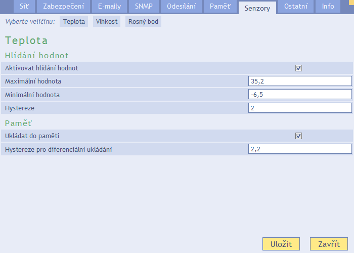 S e n z o r y Nastavení hlídání naměřených hodnot a ukládání do paměti. Po klepnutí na tento panel je třeba ještě vybrat veličinu klepnutím na její název v horní části okna nastavení.