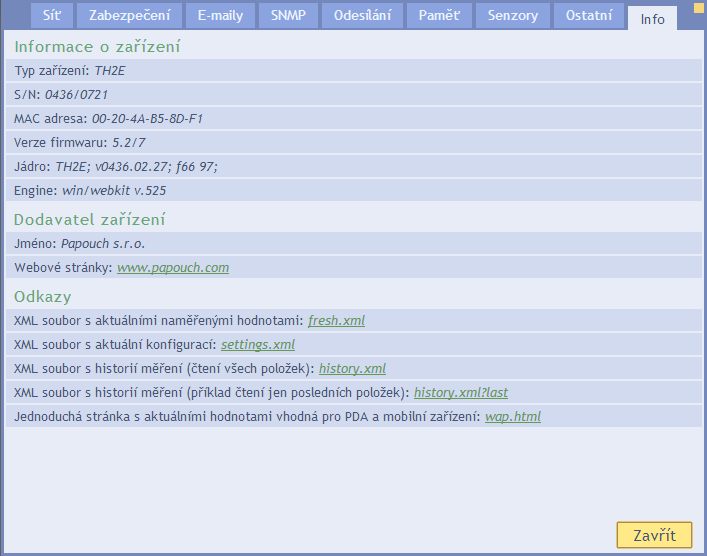 I n f o Tento panel není konfigurační, ale obsahuje různé informace o zařízení, například MAC adresu. Odkazy obr.