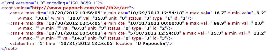 X M L s o u b o r Z je možné získat právě naměřené hodnoty, nastavené meze a název zařízení v textovém souboru ve formátu XML. Soubor je přístupný na adrese http://[ip-adresa]/fresh.