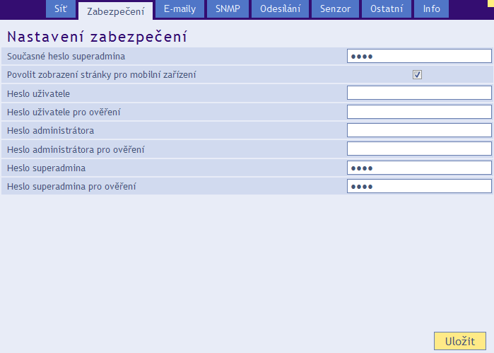 TME R e s e t z a ř í z e n í Tímto tlačítkem je možné uvést všechny parametry teploměru do výchozího stavu. Nezměněna zůstane pouze IP adresa. Port webu bude změněn na 80.