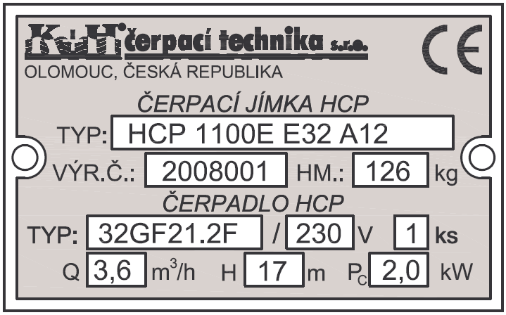 4.0 PARAMETRY A ZNAČENÍ JÍMEK 4.1. KLÍČ PRO ZNAČENÍ JÍMEK Uspořádání Velikost jímky Typ čerpadla jímky HCP 1100E E 3 2 A 1 2 32GF21.