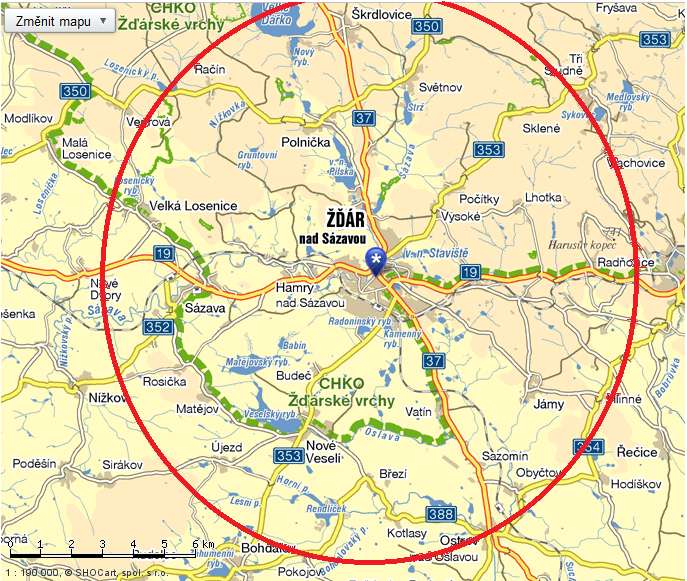 5 Charakteristika oblasti Oblast, kterou jsem si zvolila pro svou bakalářskou práci, zahrnuje město Žďár nad Sázavou a místa vzdálená nejdále 10 km po silnici od města Žďár nad Sázavou.