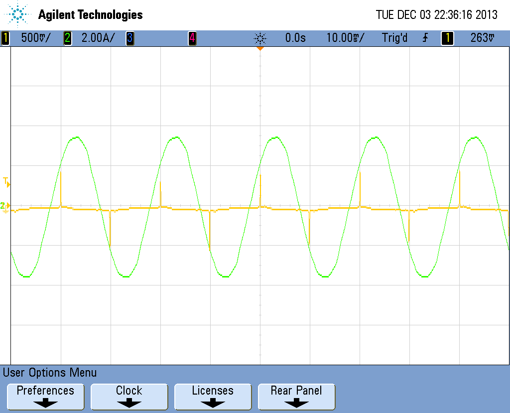 Na Obr. 5.12 je zobrazeno pět period vstupního proudu. Z obrázku je patrné, že výsledná polarita výstupního pulsu je závislá na tom, jestli je vstupní proud kladný nebo záporný.