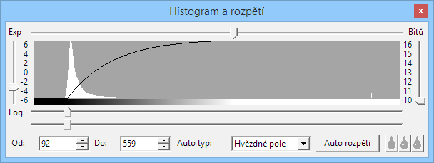 Otevřete okno nástroje Histogram and Stretch. Illustration 17: Nástroj Histogram and Stretch Přesný význam grafu histogramu je vysvětlen v uživatelské příručce programu SIPS.