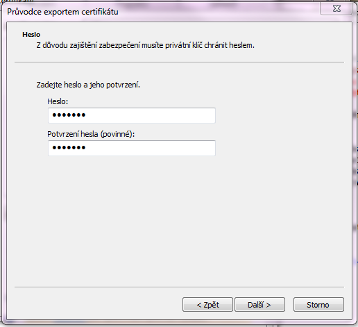 Vybereme formát, ve kterém chceme certifikát exportovat dle níže uvedených variant: Nastavíme heslo pro přístup k privátnímu klíči, který jsme obdrželi