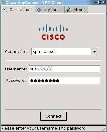 19. Po ověření platnosti certifikátu nám program nabídne vložení přihlašovacích údajů. 20. Kliknutím na Connect se vpn-klient pokusí ověřit údaje a přihlásit k Univerzitní VPN.