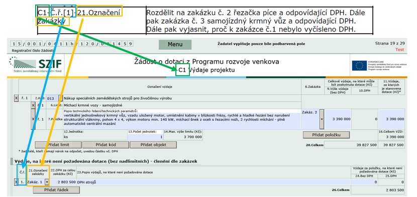 Příklady, které jsou uvedeny níže, představují, jakým způsobem identifikovat pole k doplnění. Příklad č. 1: C1 Odkazuje na stránku Žádosti o dotaci Č.ř. [1] Odkazuje na číslo řádku 21.