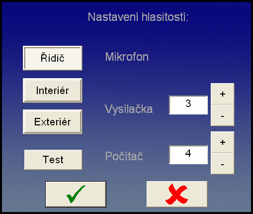 5) Použití mikrofonu po stisku tlačítka se otevře okno, ve kterém je možné zapnout mikrofon, nastavovat hlasitost a také spouštět vybraná služební hlášení (viz obrázek 5) Obrázek 5 - Hlásič mikrofon