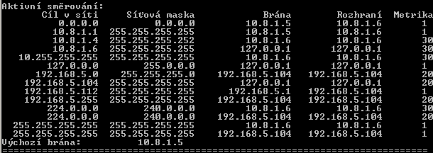 Obr. 6.2: Tabulka směrování před připojením k OpenVPN Obr. 6.3: Tabulka směrování po připojením k OpenVPN Na obr. 6.3 vidíme změnu výchozí brány z 192.168.5.