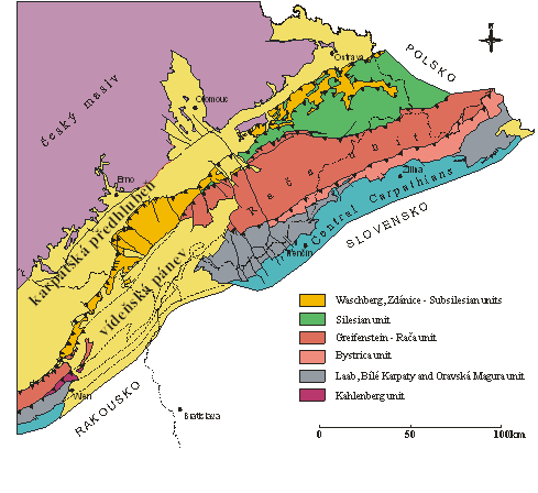 Geologie oblasti jihovýchodních svahů Českého masívu Zájmové území je budováno příkrovy vnějších Západních Karpat, neogenními sedimenty vídeňské pánve, neogenními sedimenty karpatské předhlubně a