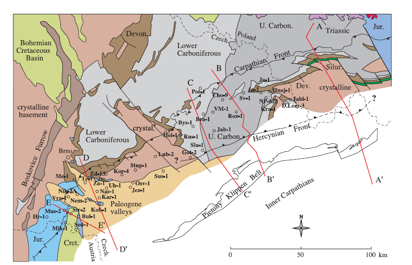 Obr. 10: Před-neogenní odkrytá mapa jihovýchodních svahů ČM s vykreslením rozšíření paleozoických, mesozoických a paleogenních jednotek (Golonka a Pícha 2006).