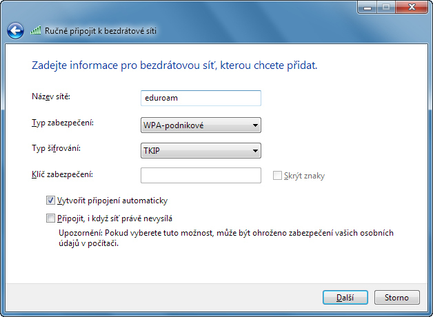 13. Do kolonky Název sítě vyplňte eduroam, Typ zabezpečení zvolte WPA-podnikové a Typ šifrování bude TKIP.