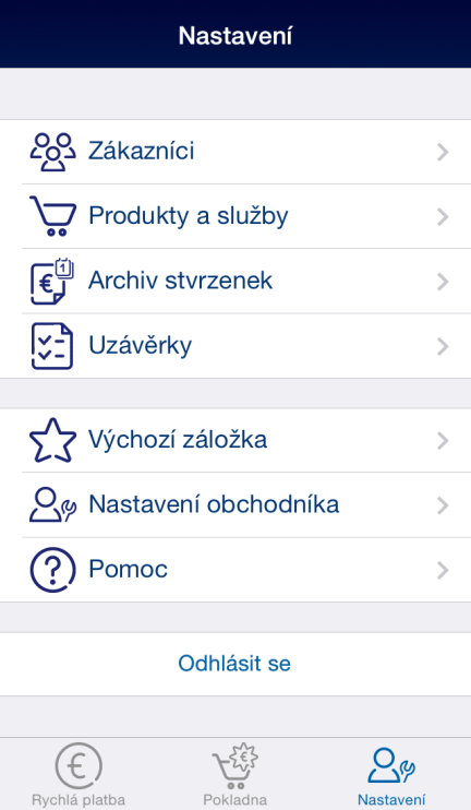Nastavení obchodníka - menu nabízí tyto možnosti: Zobrazit údaje údaje o obchodníkovi včetně adresy a čísla IČ jsou do aplikace nahrány z bankovního serveru po provedení 1. platby.