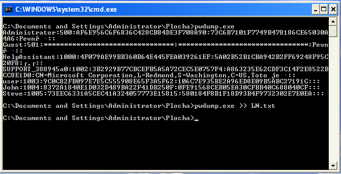 Obrázek 72: Program pwdump Na druhou stranu ovšem tento nástroj stejně musí být spuštěn pod účtem administrátora což na mnoha systémech ani není povoleno (což je správně).