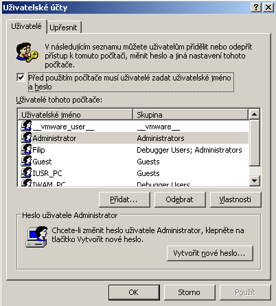 Obrázek 79: Nástroj uživatelské účty 8.2.9 Bezpečná hesla Systém ukládání hesel ve Windows má svoje slabiny ale v zásadě bezpečný je. Musíme však zvážit následující zásady při tvorbě hesel: 1.