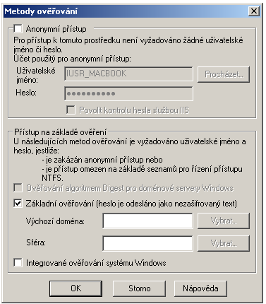 Obrázek 37: Jednotlivé položky vlastností virtuálního adresáře V dialogu Metody ověřování je nutné odškrtnout volby Anonymní přístup, Integrované ověřování systému Windows a zaškrtnout Základní