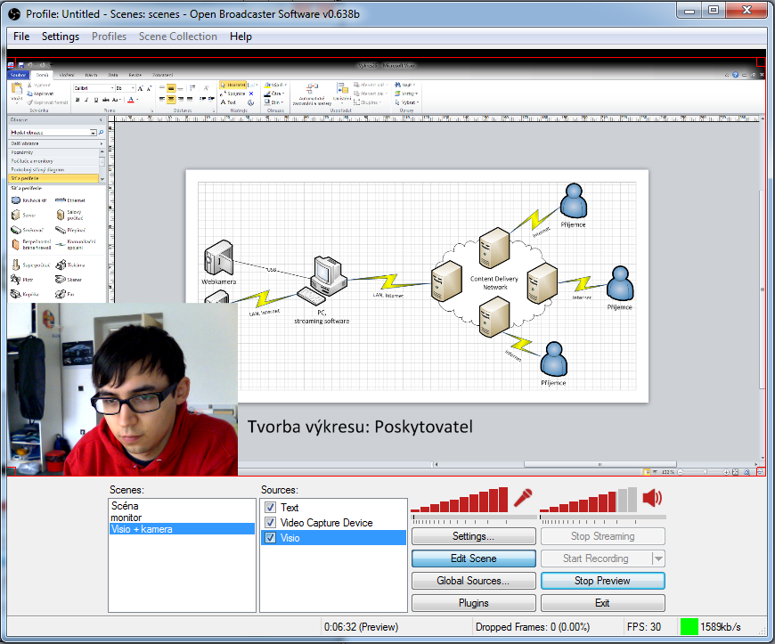 Obr. 3.1: Prostředí programu Open Broadcaster Software. a používání tohoto programu je nutné se zaregistrovat na webových stránkách výrobce. Dne 19. listopadu 2014 vyšla verze 2.