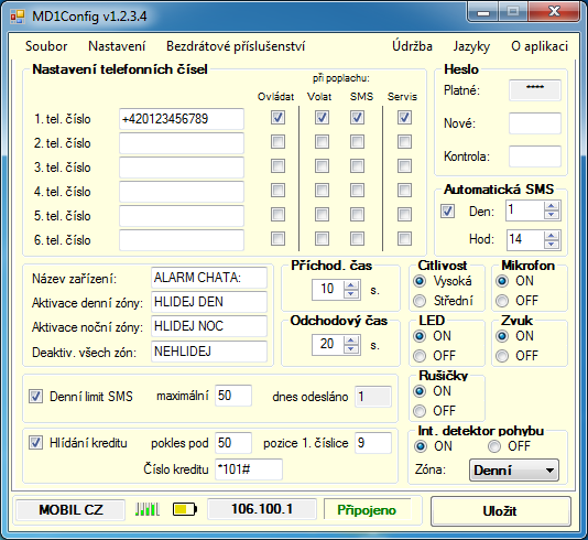 Popis programu MD1Config: Strana 1 - nastavení Nastavení telefonních čísel Tel. číslo 1-6 Políčko pro zadání telefonního čísla v mezinárodním formátu (+420).