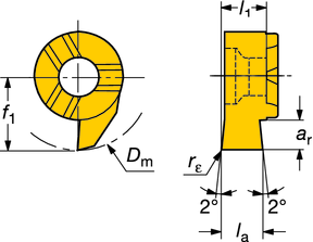 TURN - ZE řitové destičky orout M Výroba drážek Pro tvrzené materiály orout M - břitové destičky UPOVÁNÍ A ZAPOVÁNÍ Tolerance, (inch): l a: +0.05/-0 (+.002/-0) l 1: ±0.02 (±.0008) Výška hrotu: +0.