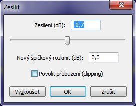 Pokročilé možnosti práce se zvukem Zesílit efekt nastavením posuvníku v db zesílí nebo zeslabí (posunutím do záporných hodnot) výběr nebo vybranou stopu (obrázek 3.5). Obrázek 3.